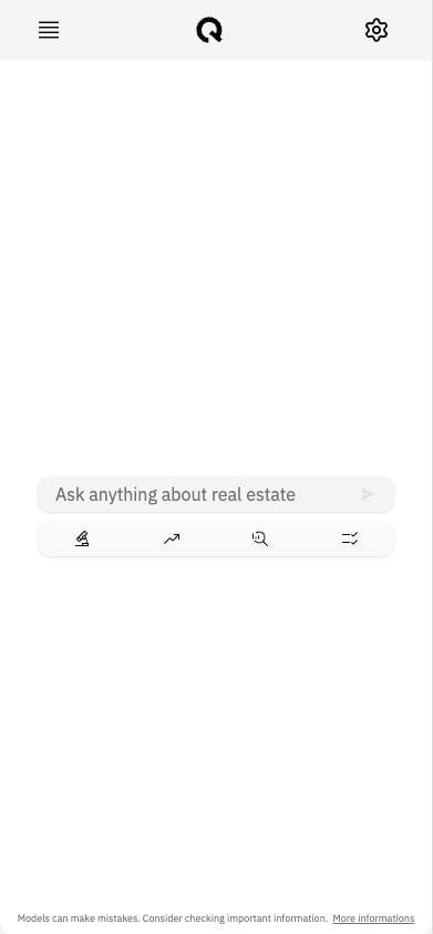 Quanthome AI on iPhone showing the home screen with a prompt to ask anything about real estate.