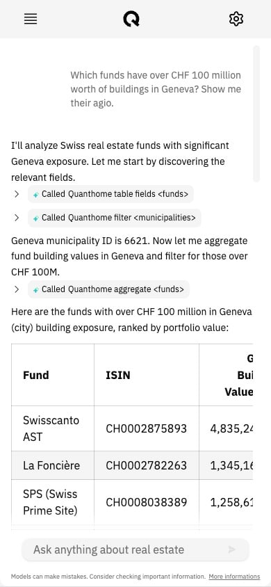 Quanthome AI on iPhone answering a question about Geneva real estate funds with a results table.