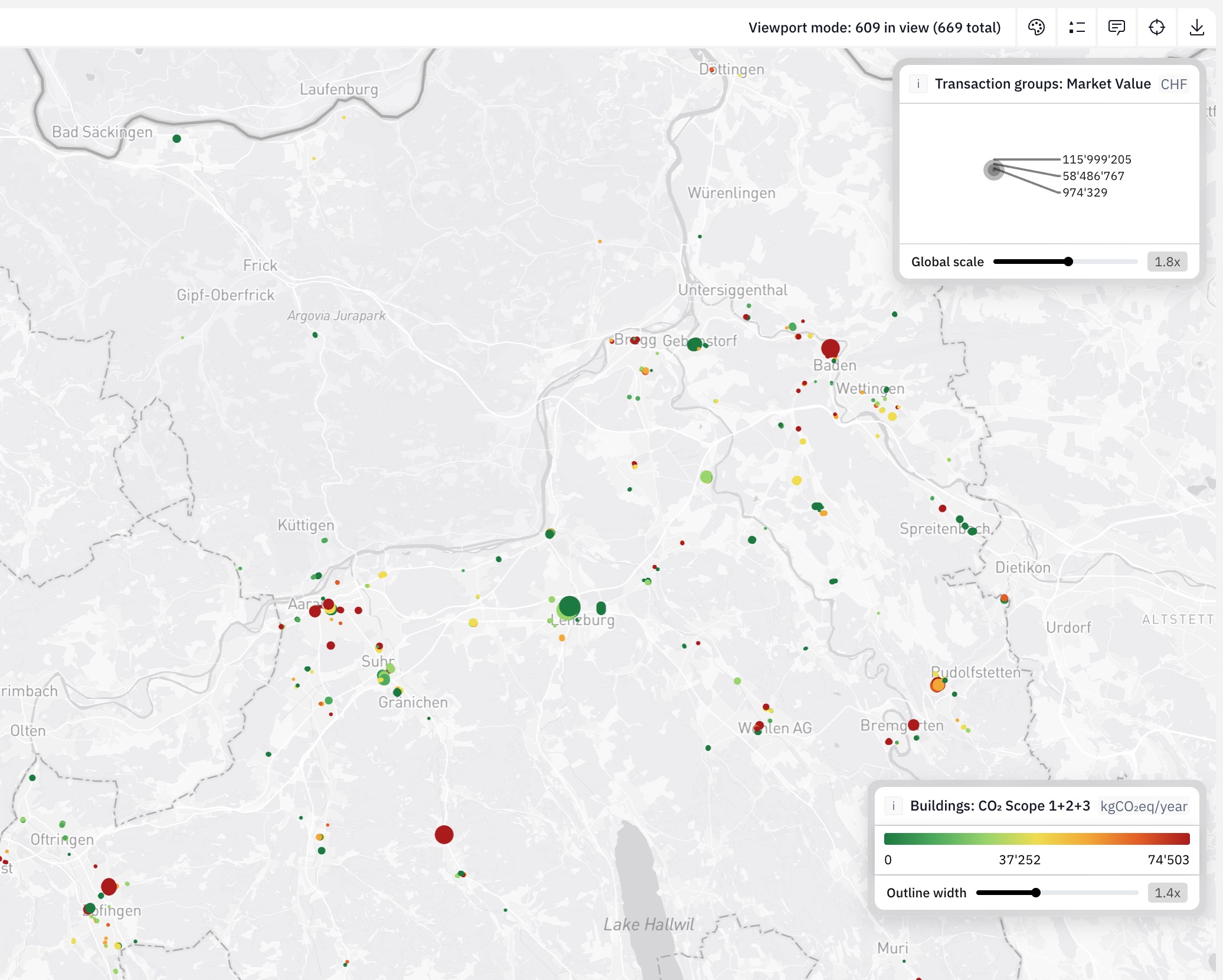 Real estate transactions plotted on a map, sized by market value and shaded by carbon intensity, in Quanthome