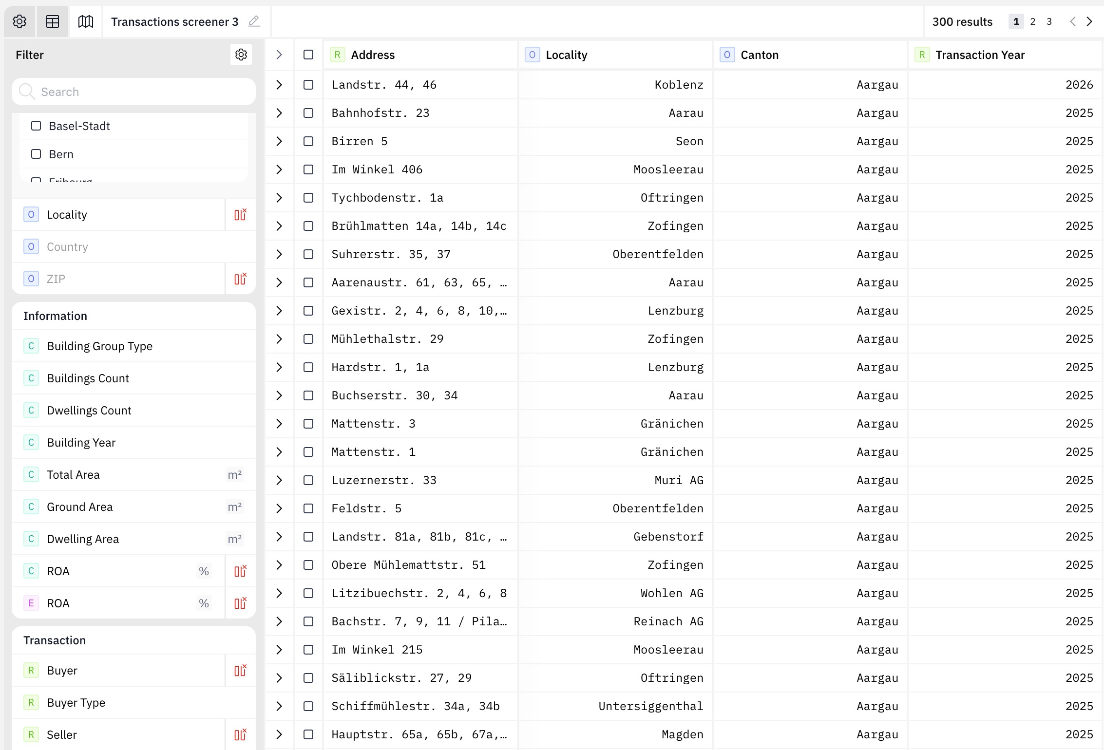 Screening real estate transactions by location, building and deal-party criteria in Quanthome