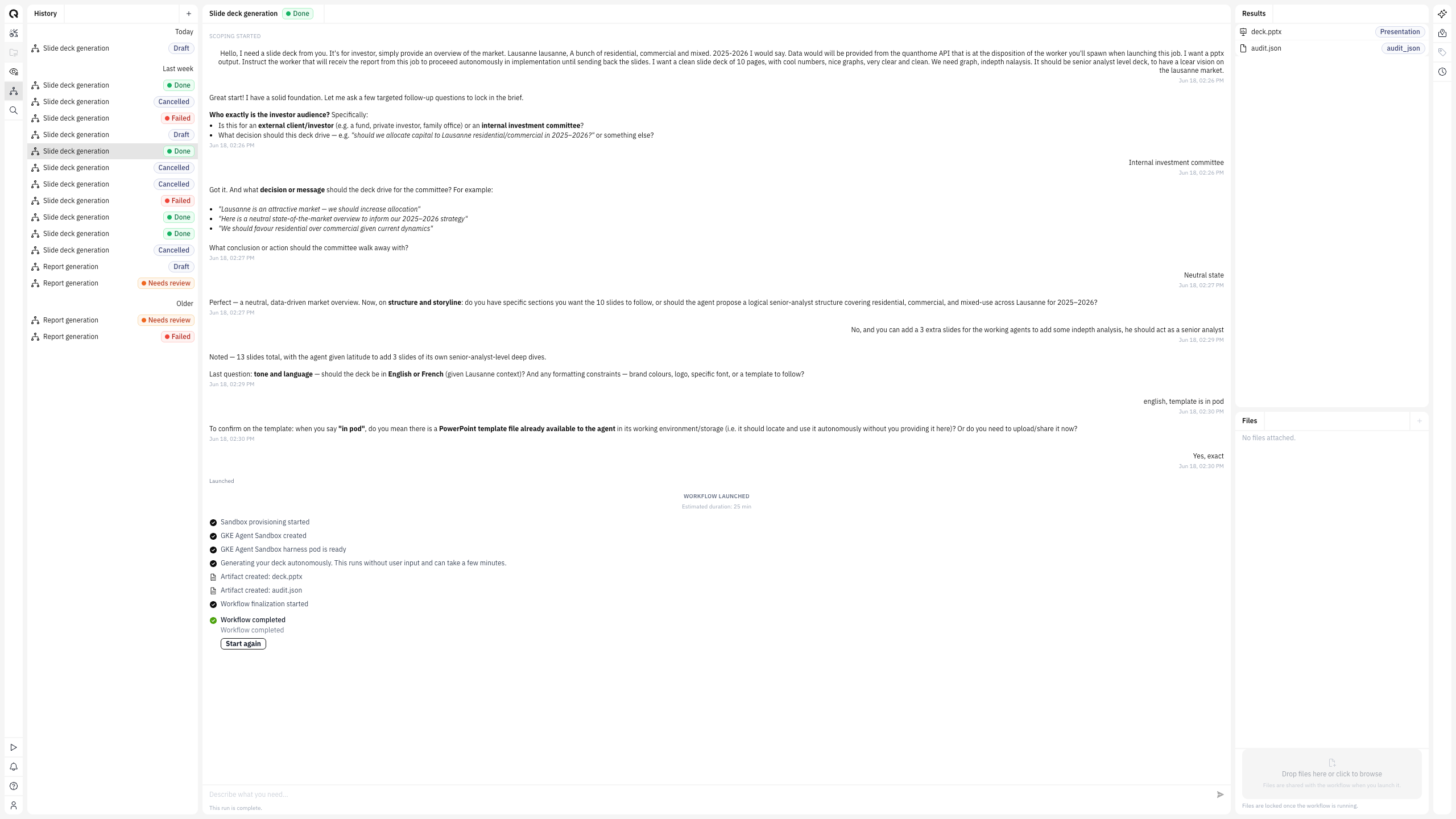 The Quanthome platform: workflows running against your structured base, each figure traceable to its source.